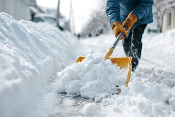 Person in a blue jacket shoveling heavy snow off a sidewalk with a yellow shovel. Symbolizes diligence, winter work, homeowner duties, and seasonal maintenance.