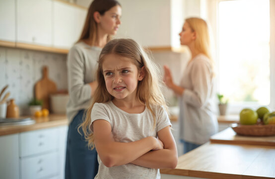 Angry little girl with arms crossed ignores two arguing women, possibly mother, partner, in bright modern home kitchen. Child feels upset, sad about family conflict, domestic dispute, discipline