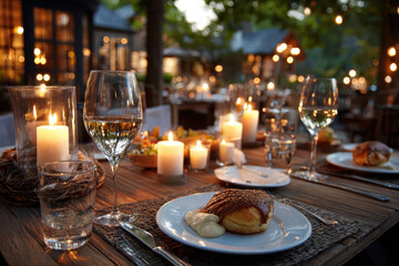 Fototapeta premium Romantic Dinner Table Setting Outdoors at Twilight