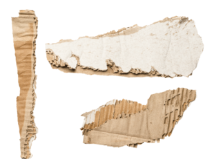 Torn corrugated cardboard pieces isolated on white