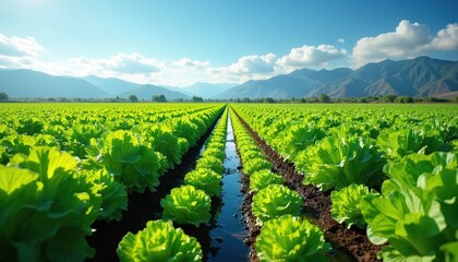 Vast green field with rows of lettuce crops being irrigated. Mountains rise in background under blue sky with clouds. Healthy food cultivation scene.