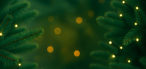 Moody close-up of green pine needles with warm golden bokeh christmas lights background.