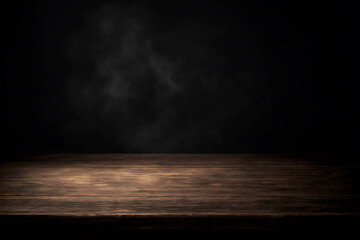 Moody dark wooden stage floor with rising white smoke and atmospheric low-key lighting for product presentation background.