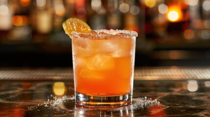 An orange cocktail with salt rim and ice in a rocks glass, sitting on a dark, wet wooden bar counter with blurred, warm bokeh lights in the background
