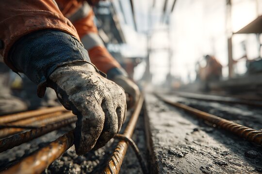 Low-angle close-up of a worker's gloved hands tying rusty rebar, symbolizing hard labor, infrastructure development, and a strong foundation for future progress.