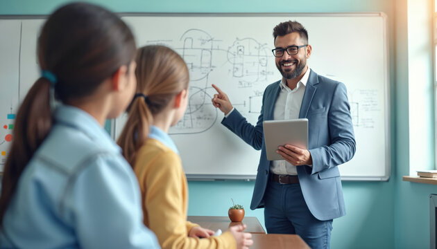 Smiling teacher shows lesson to students using tablet. Man explains whiteboard graphics, interacts with class. Modern education embraces digital aids for interactive learning, enhanced instruction,