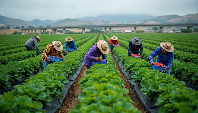 Farm workers harvest ripe strawberries in rows on large agricultural field. Men, women wear hats, pick red berries into blue crates under cloudy sky. Work on land with green plants, black plastic - Powered by Adobe