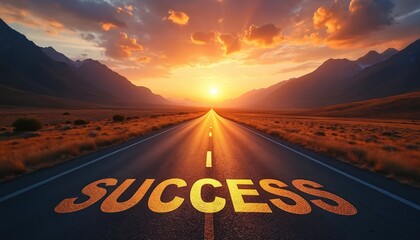 Golden word SUCCESS painted on asphalt road leading to sunlit mountain horizon. Open path stretches through dry grass fields at dusk. Dramatic sky paints warm orange hues on landscape.