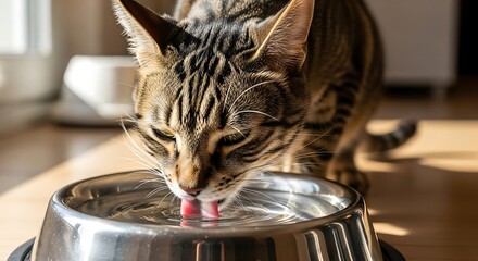 tabby cat drinking water from a stainless steel bowl quenching thirst on a warm day perfect for pet care and animal welfare campaigns.