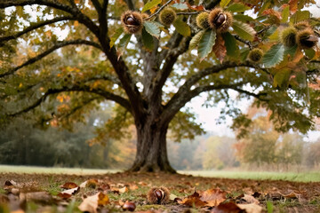 Mature sweet chestnut tree (Castanea sativa) with ripe spiky husks on branches, trunk and branches fully visible, scattered autumn leaves on the ground, soft background bokeh, natural cinematic light 