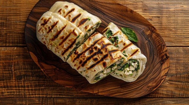 Savory grilled flatbread wraps kathi roll, cut to reveal a filling of fresh spinach and white cheese, served on a textured, rustic olive wood serving board on a wooden table