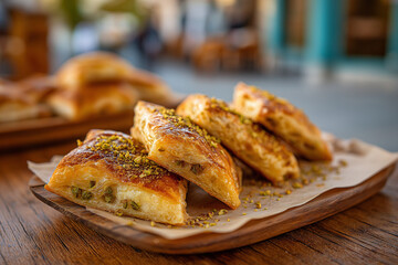 Katmer Turkish dish filled with pistachios and kaymak, crunchy pastries, drizzled with a little honey, sprinkled with crushed pistachios, served at a cafe table