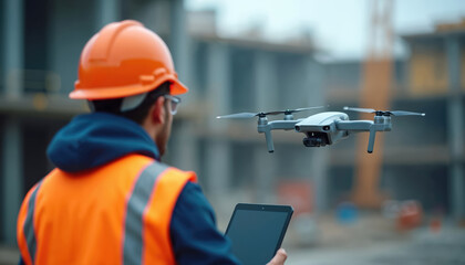 Construction worker in hard hat and vest controls drone via tablet computer. Unmanned aerial vehicle flies near building site. Future tech for site survey and inspection.