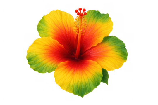 Vibrant tropical hibiscus flower in bloom with yellow, red, and green petals, having transparent background