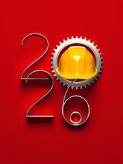 2026 New Year design template with yellow protective helmet. 3D render illustration.