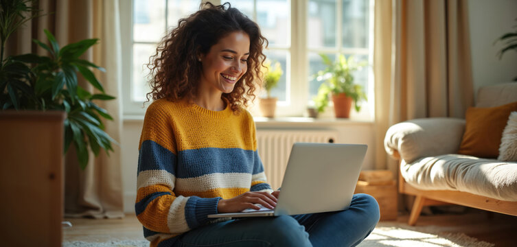 Young woman smiles while using laptop in bright apartment. She works remotely on computer in cozy living room, enjoying sunny day and casual freelance lifestyle.