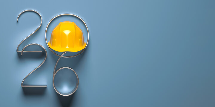 2026 New Year design template with yellow protective helmet. 3D render illustration.