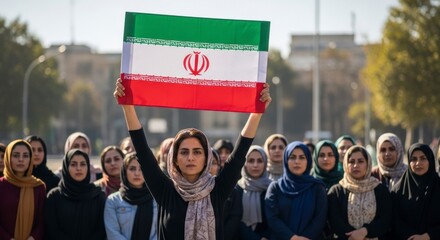 Iranian Pride and Protest: A determined woman, surrounded by a crowd, raises the national flag, symbolizing unity, identity, and the spirit of a nation. This image evokes feelings of patriotism.