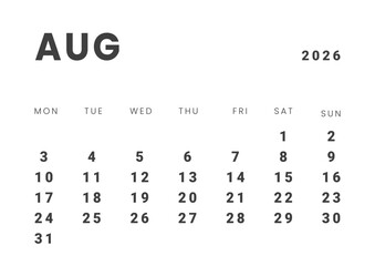 Monthly page Calendar Planner Template design of August 2026. Vector layout of calendar with week start Monday for Scheduling. Page for size A4 or 21x29.7 cm
