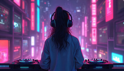 Young woman wears headphones using dj equipment. Female dj mixes music tracks in club with neon lights. Plays sounds on decks with turntables and mixer.