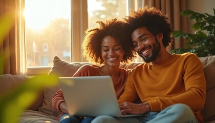 Young couple sitting on sofa in modern living room with natural light. They are using laptop together smiling and looking at screen. Woman is leaning on man. Room has plant in background.