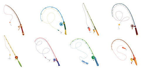 Fishing rod set. Fishing pole collection with reel and handle, hook and bait. Fishers tackle to catch fish in water of lake, sea or river, fisherman equipment for angling cartoon vector illustration © Flash Vector