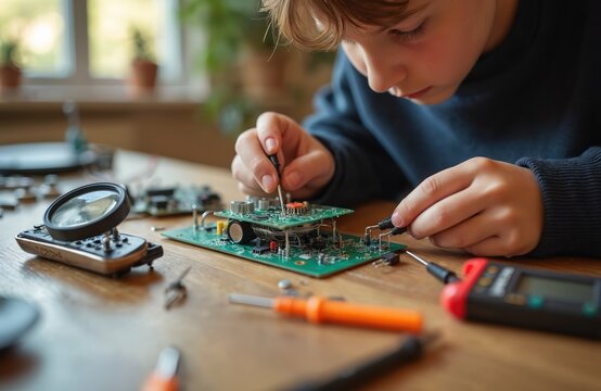 Young boy builds robotic circuit board at table. He uses magnifier, screwdriver, and multimeter for electronics project. Child learns engineering, STEM education at home.