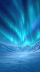 Colorful northern lights illuminate the night sky above vast, snowy mountains. The scene captures the beauty and tranquility of a winter evening, with brilliant hues and a peaceful landscape