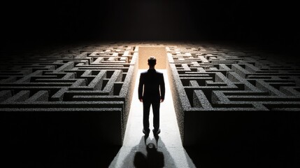 Businessman at the Entrance of a Complex Maze Symbolizing the Challenges of Decision Making and Problem-Solving