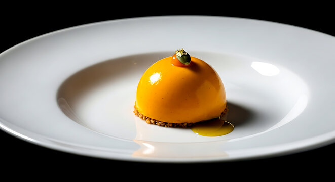 a perfect sphere of Brazilian Creme de Ab&oacute;bora pumpkin cream, garnished with a single gold leaf and a drop of pumpkin seed oil 