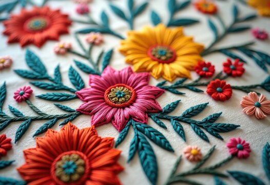 Floral Embroidery Stitching Intricate Textile Pattern Artistry Fabric Details Threadwork Downloadable Art