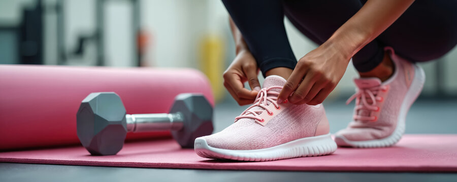 Woman prepares for gym workout ties pink sport shoes. Athlete laces sneakers on pink yoga mat. Fitness female ready for training with dumbbell in modern center.