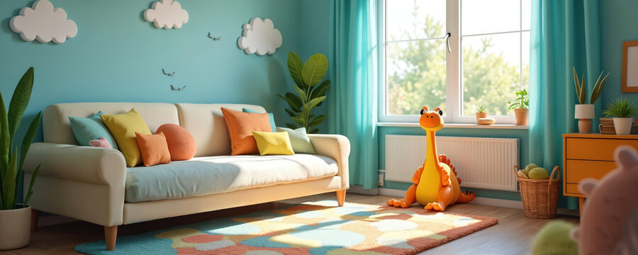 Bright kids bedroom with comfy sofa and plush dinosaur toy. Walls have clouds and planes decor. Sunlight streams through window onto colorful rug.