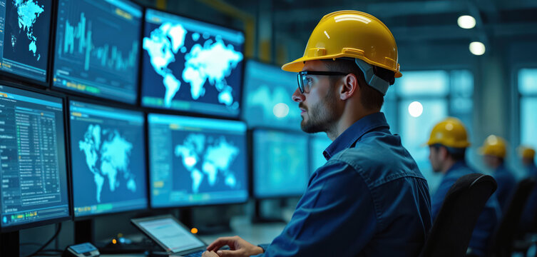 Engineer watches screens with global data in control room. Team monitors industrial production charts, maps, graphs. Digital dashboard shows system status. Teamwork ensures operational efficiency.