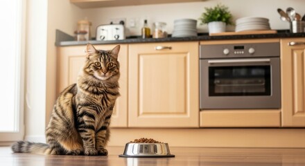 Feline's Feast: A serene house cat, gracefully positioned by its food bowl in a sunlit kitchen, embodying the peace of a well-cared-for home life.