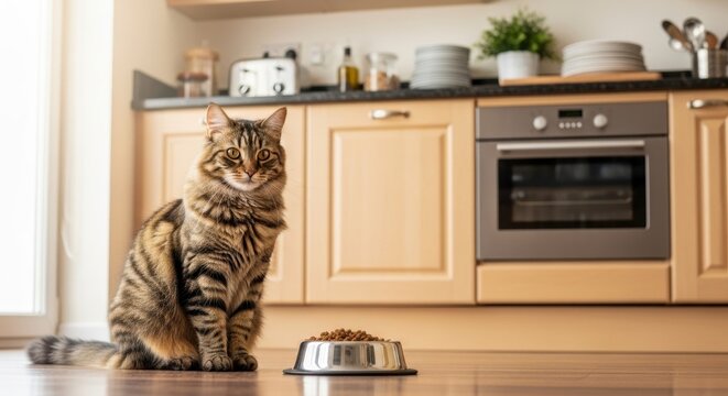 Feline's Feast: A serene house cat, gracefully positioned by its food bowl in a sunlit kitchen, embodying the peace of a well-cared-for home life.