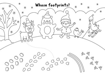 Christmas village black and white matching activity with animals, elf, footprints. Winter holiday line puzzle with polar bear, deer, goose on ski. New Year printable worksheet, coloring page