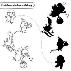 Fototapeta premium Christmas village black and white shadow matching activity with gingerbread man, angel, goose. Winter holiday line puzzle. New Year find correct silhouette printable worksheet, game, coloring page