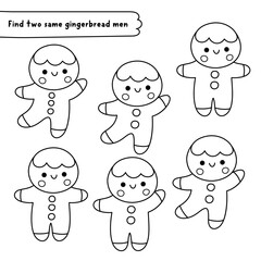 Find two same gingerbread men. Christmas black and white matching activity for children. Winter holiday line educational quiz worksheet for kids. New Year printable game, coloring page
