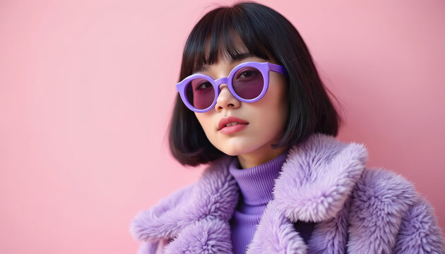 Young stylish asian woman wears trendy purple round sunglasses. Short black hair, bangs, fluffy fur coat over purple turtleneck sweater. Pink background highlights modern beauty, cool fashion style - Powered by Adobe