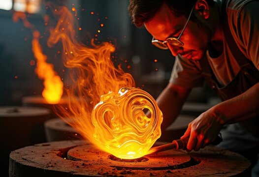 Molten glass sculpture artist creating stunning vivid shapes under furnace flames