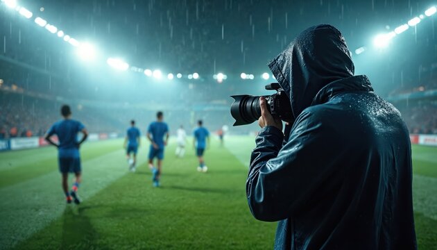 Photographer in rain gear aims camera at soccer game on wet field. Players in blue uniforms run on grass under stadium lights. Fans watch match in background. - Powered by Adobe