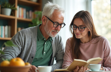 Elderly father and adult daughter read book together at home. They share coffee and a quiet moment, enjoying each others company and a shared interest in literature, strengthening their family bond.