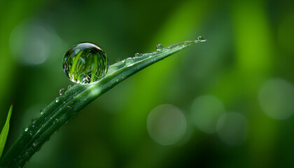 Macro shot of a single dew drop perched on a blade of grass with a vivid green bokeh background.