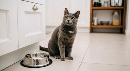 Domestic Grey Cat in Kitchen: A domestic grey cat sits gracefully near a food bowl in a kitchen, radiating a calm and curious presence. Capturing a moment of feline elegance in a domestic setting.
