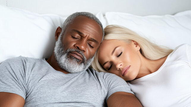 Mature couple sleeping peacefully together on bed at home   - Powered by Adobe