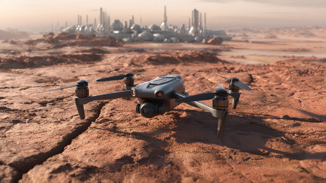 Drone exploring a futuristic city on a desert planet - Powered by Adobe