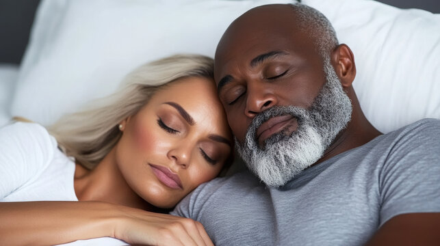 Mixed-race couple sleeping peacefully in bed with relaxed expressions