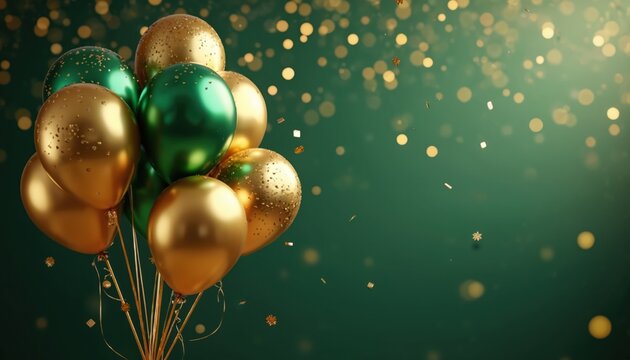 Green, gold shiny balloons float on dark emerald background. Festive confetti falls around. Golden bokeh lights shimmer creating vibrant party atmosphere for joyful celebration. Graphic design works