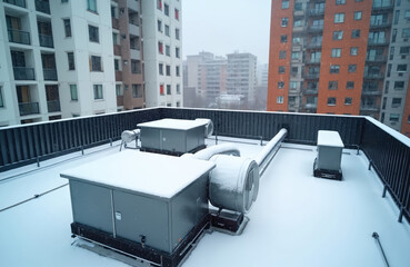 HVAC units covered in snow sit on a building rooftop. Snow falls heavily against modern apartment blocks. The system keeps buildings warm during cold weather.